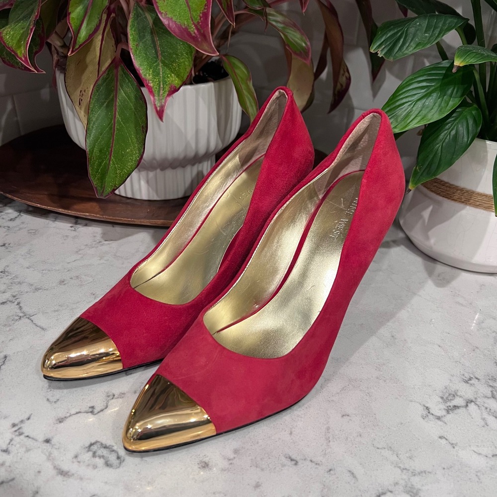 Nine West Red Suede Pointed Toe Pumps Gold Metal Cap Toe Stiletto Heels